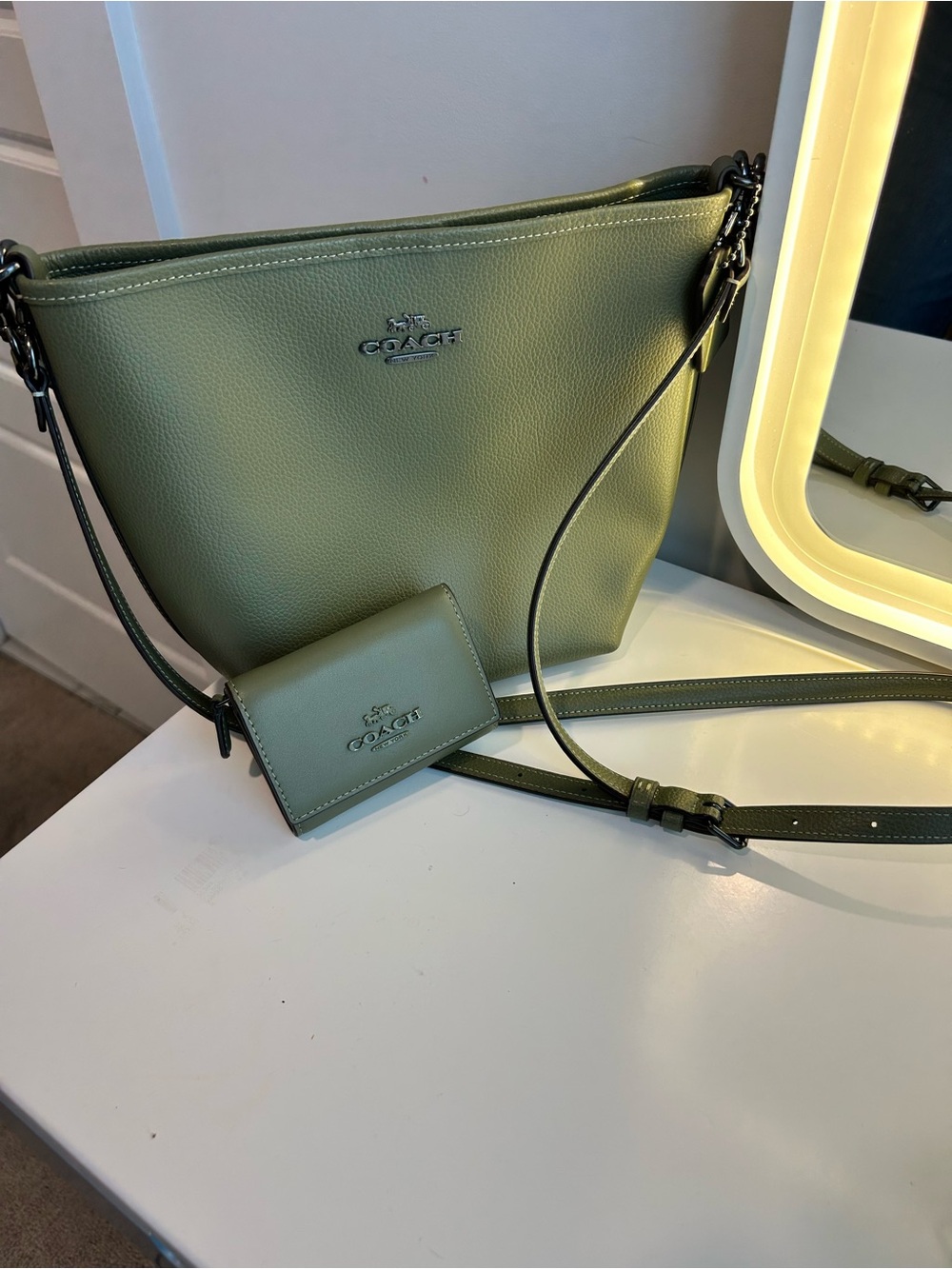 COACH Olive Green Pebbled Leather Bucket Crossbody with wallet